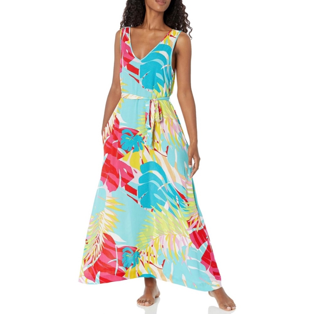 N Natori Bora Bora Tank Dress Aqua Blue Tropical Floral Medium NWT